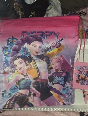 NEW.. Pink Gradient Drawstring Backpack with Pop-Star Graphic With Pencil Pouch